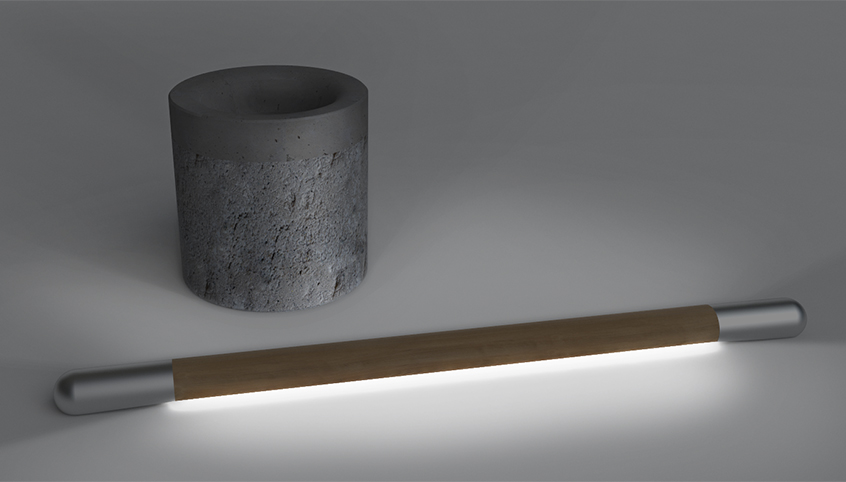 lampada stecco legno alluminio base in cemento